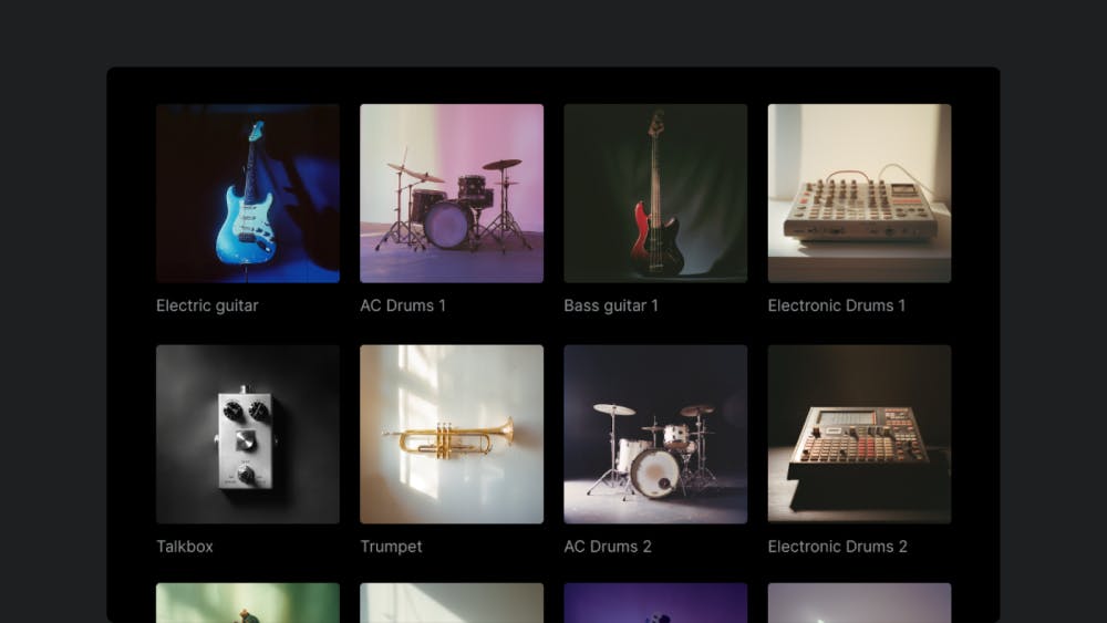 A grid interface displaying photographic instrument samples such as electric guitar, drum kits, bass guitar, electronic drum machines, talkbox, and trumpet, with clear labels for each, representing a voice-to-instrument transformation feature.